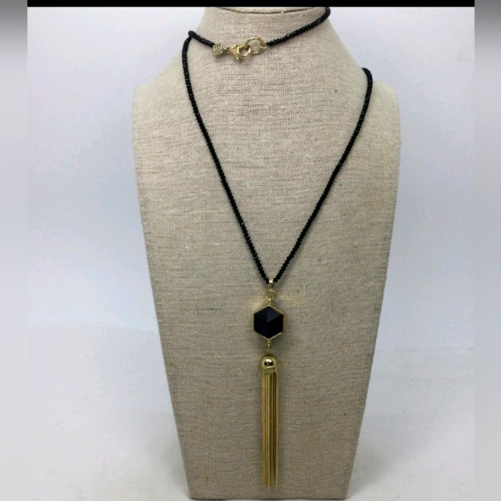 Banana Republic Goldtone Tassel Black Beaded Necklace NWOT 32"
